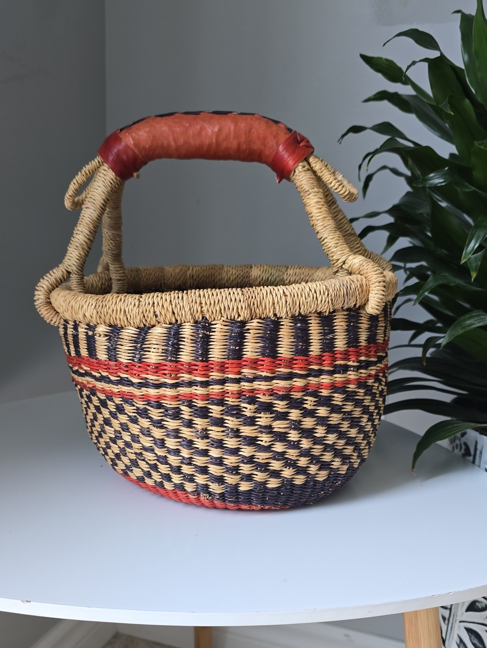 Small Handmade Woven Basket with Leather